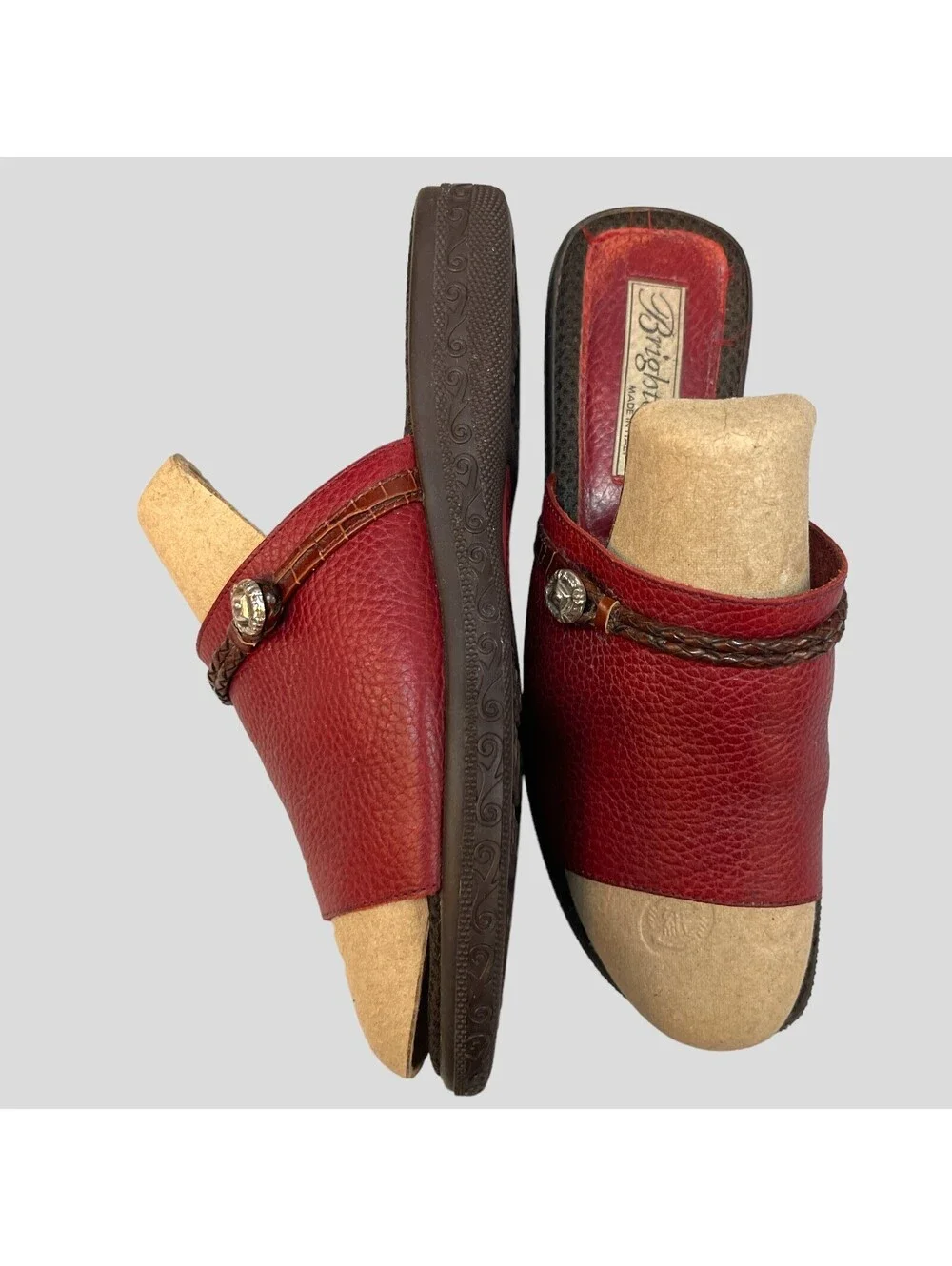 Brighton Size 7 Sandals Red Leather Slip On Open Toe Slide Low Heel Shoes Italy